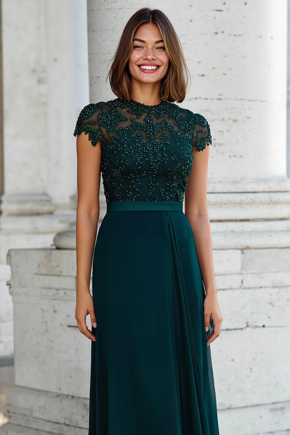 Peacock Green A-Line Chiffon Round Neck Long Wedding Guest Dress with Beading