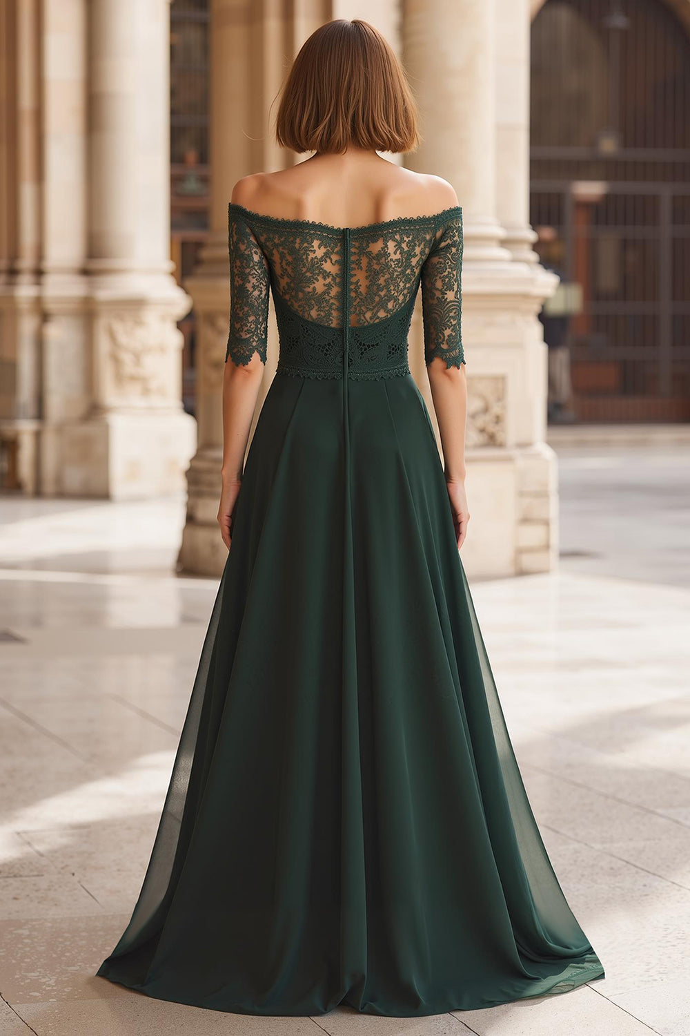 Pine Green Chiffon Off the Shoulder A-Line Lace Sleeves Long Wedding Guest Dress