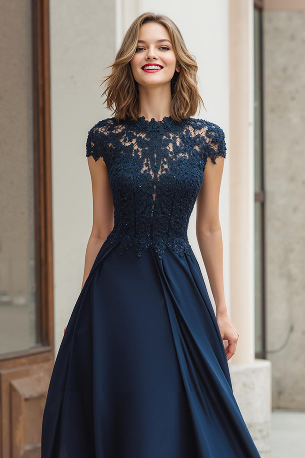 Navy A-Line Chiffon Round Neck Long Wedding Guest Dress with Lace