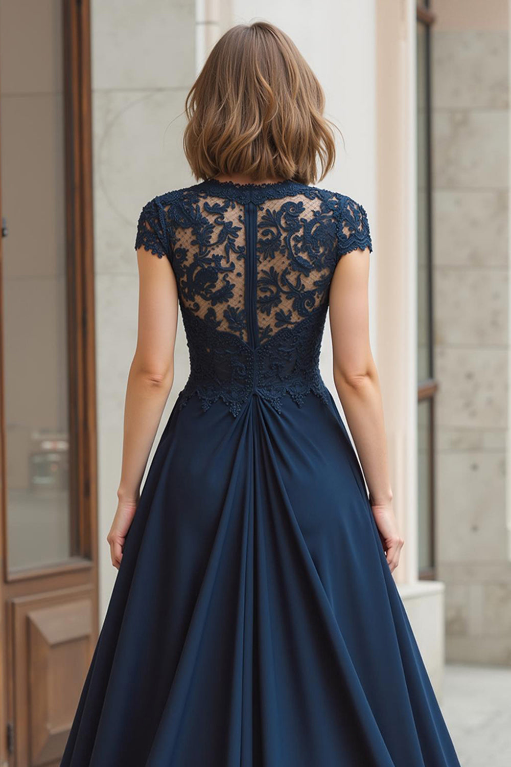 Navy A-Line Chiffon Round Neck Long Wedding Guest Dress with Lace
