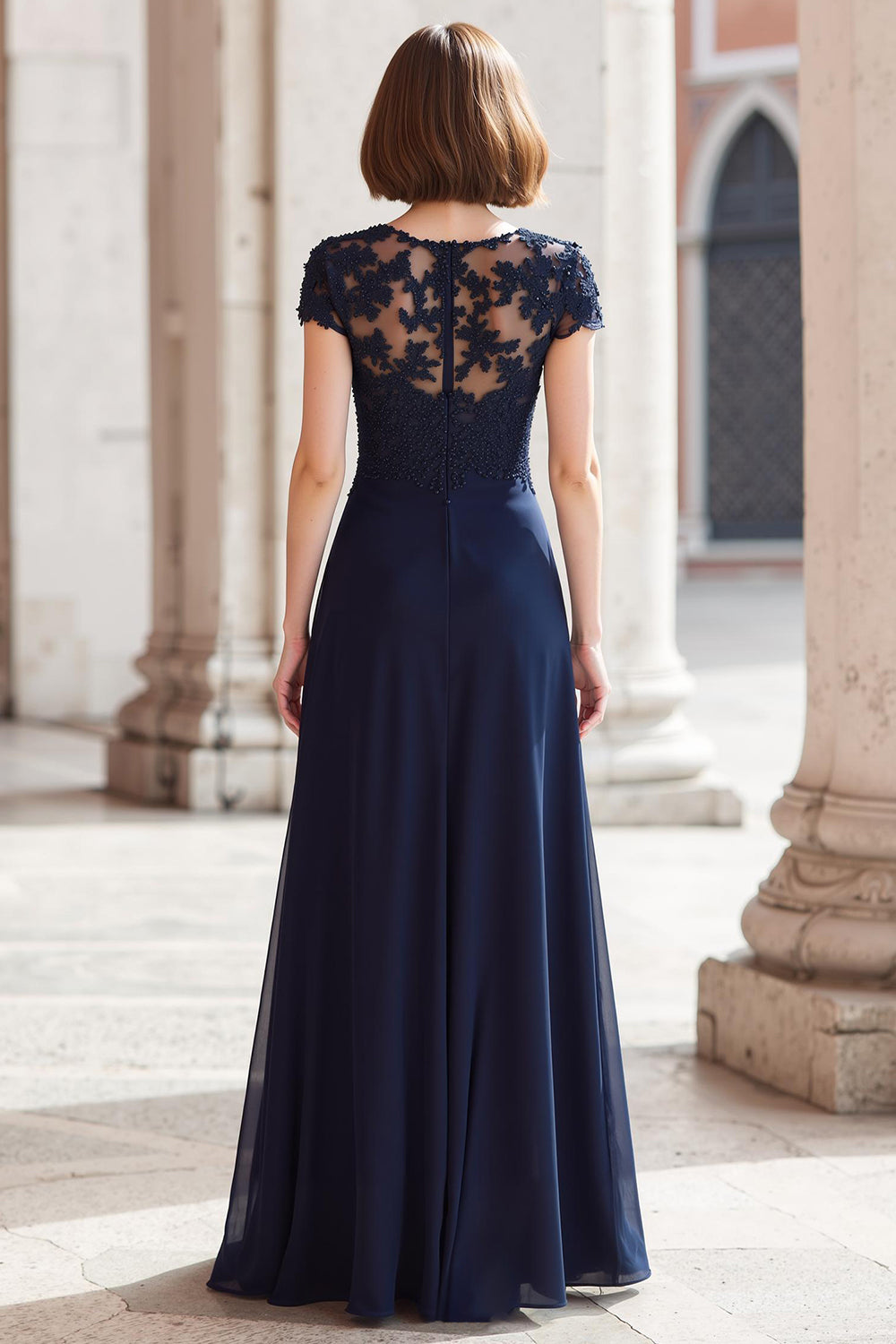 Navy Chiffon Round Neck Appliqued A-Line Long Wedding Guest Dress