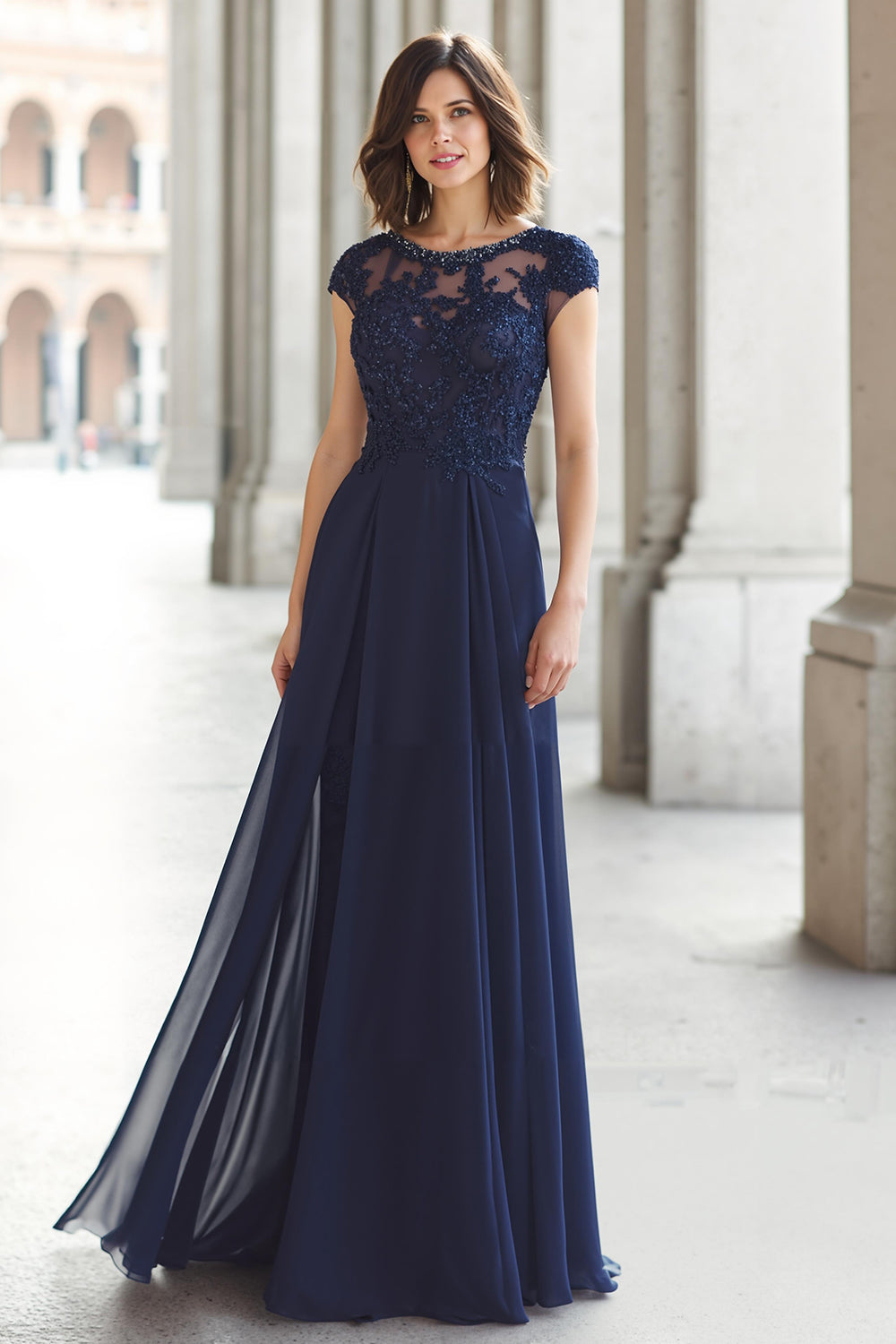 Navy Boat Neck Chiffon A-Line Appliqued Long Wedding Guest Dress with Sleeves