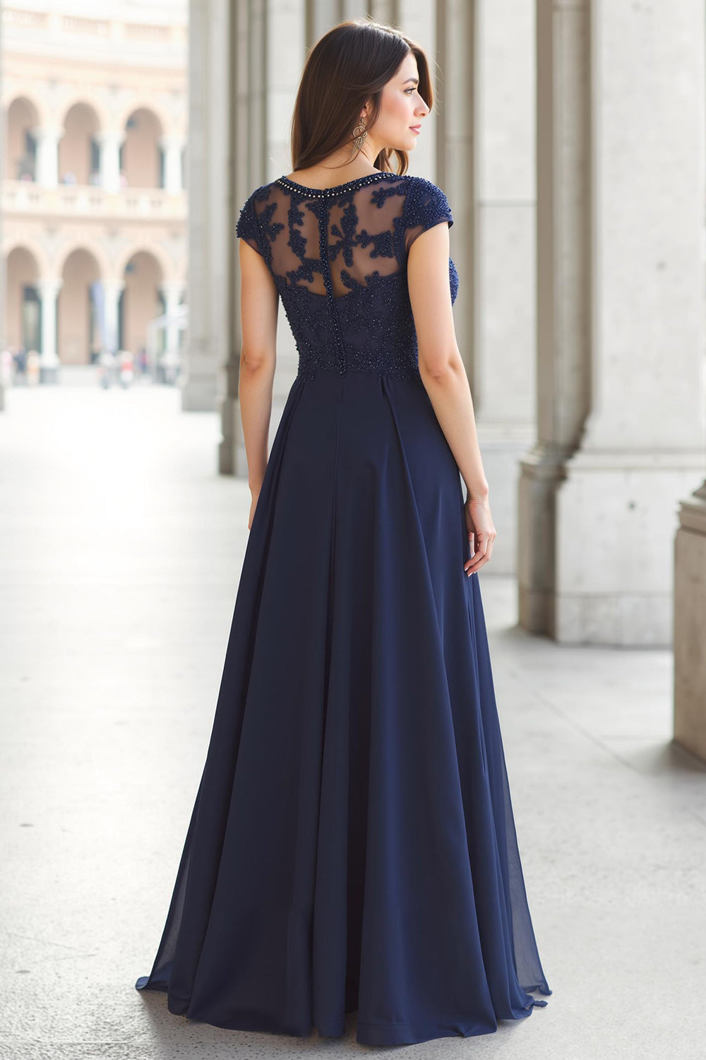 Navy Boat Neck Chiffon A-Line Appliqued Long Wedding Guest Dress with Sleeves