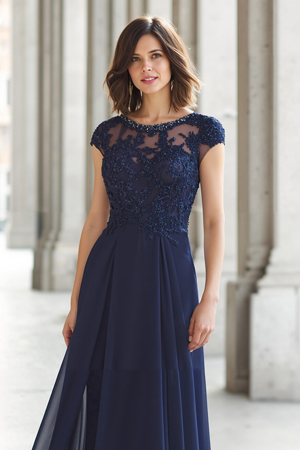 Navy Boat Neck Chiffon A-Line Appliqued Long Wedding Guest Dress with Sleeves