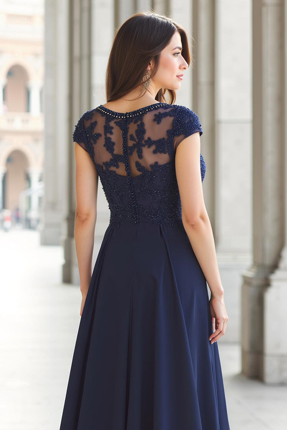Navy Boat Neck Chiffon A-Line Appliqued Long Wedding Guest Dress with Sleeves