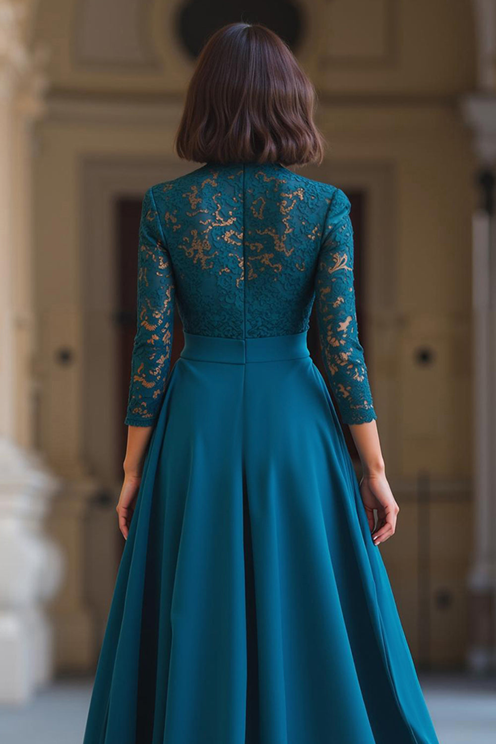 Peacock Blue Chiffon High Neck A-Line Long Sleeves Wedding Guest Dress with Lace