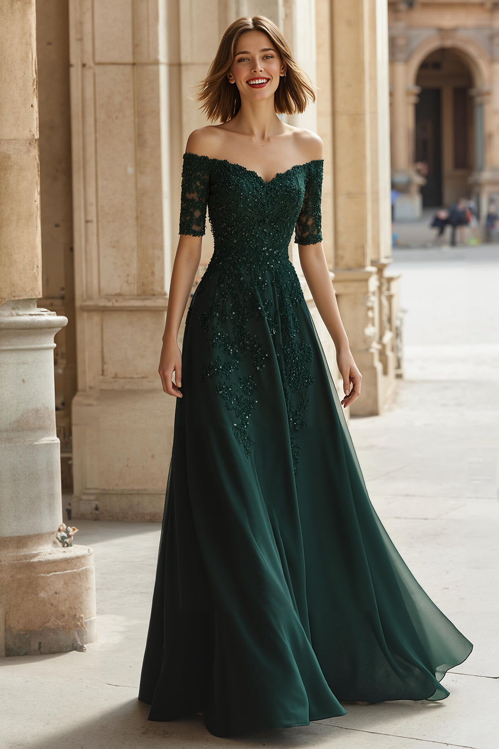Pine Green Chiffon A-Line Off the Shoulder Long Wedding Guest Dress with Beading