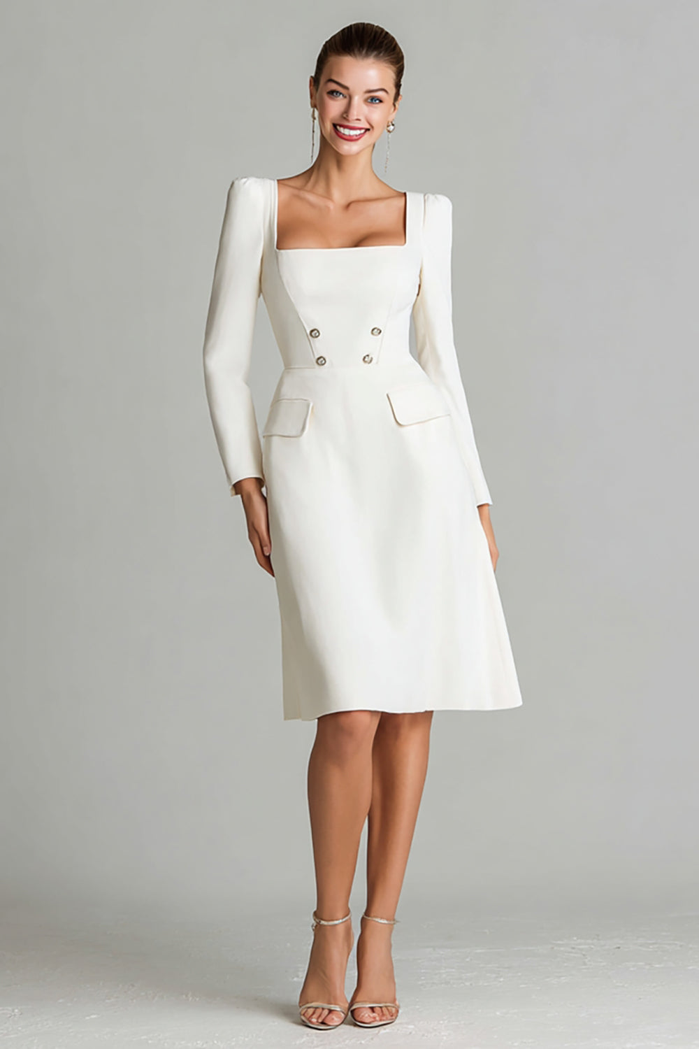 Ivory Satin A Line Square Neck Long Sleeves Midi Work Dress with Buttons