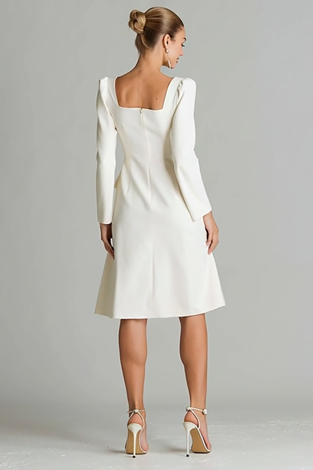 Ivory Satin A Line Square Neck Long Sleeves Midi Work Dress with Buttons