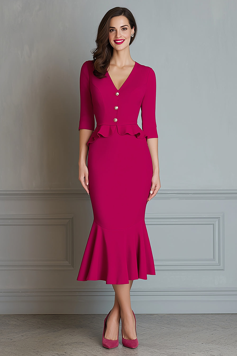 Fuchsia Mermaid Satin V-Neck Ruffled Midi Work Dress with Sleeves