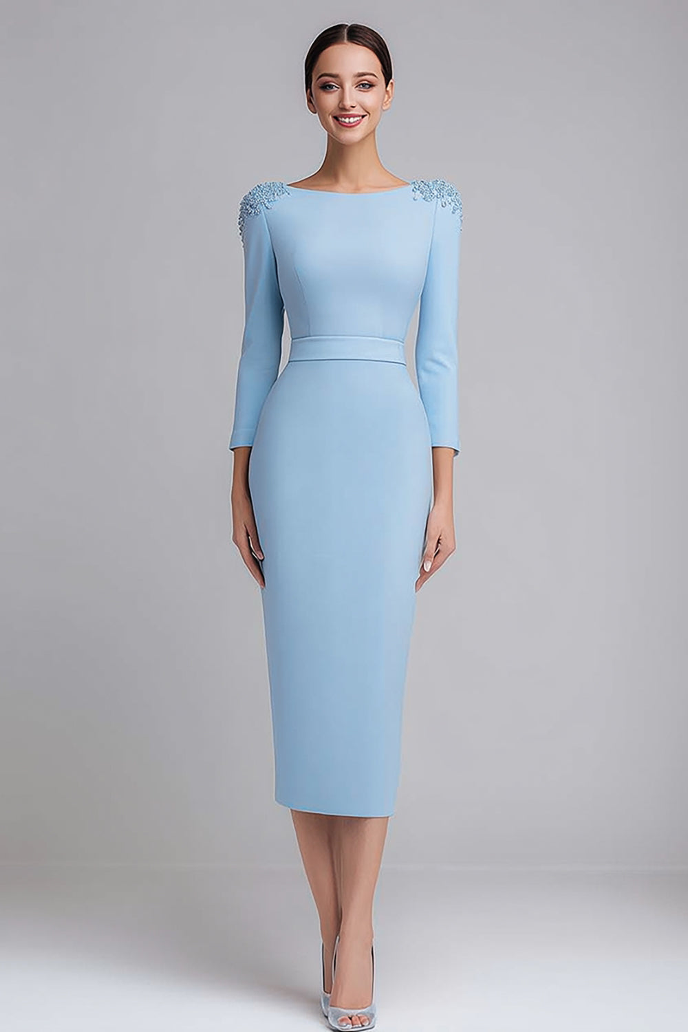 Simple Light Blue Boat Neck Pencil Appliqued Midi Work Dress with Sleeves
