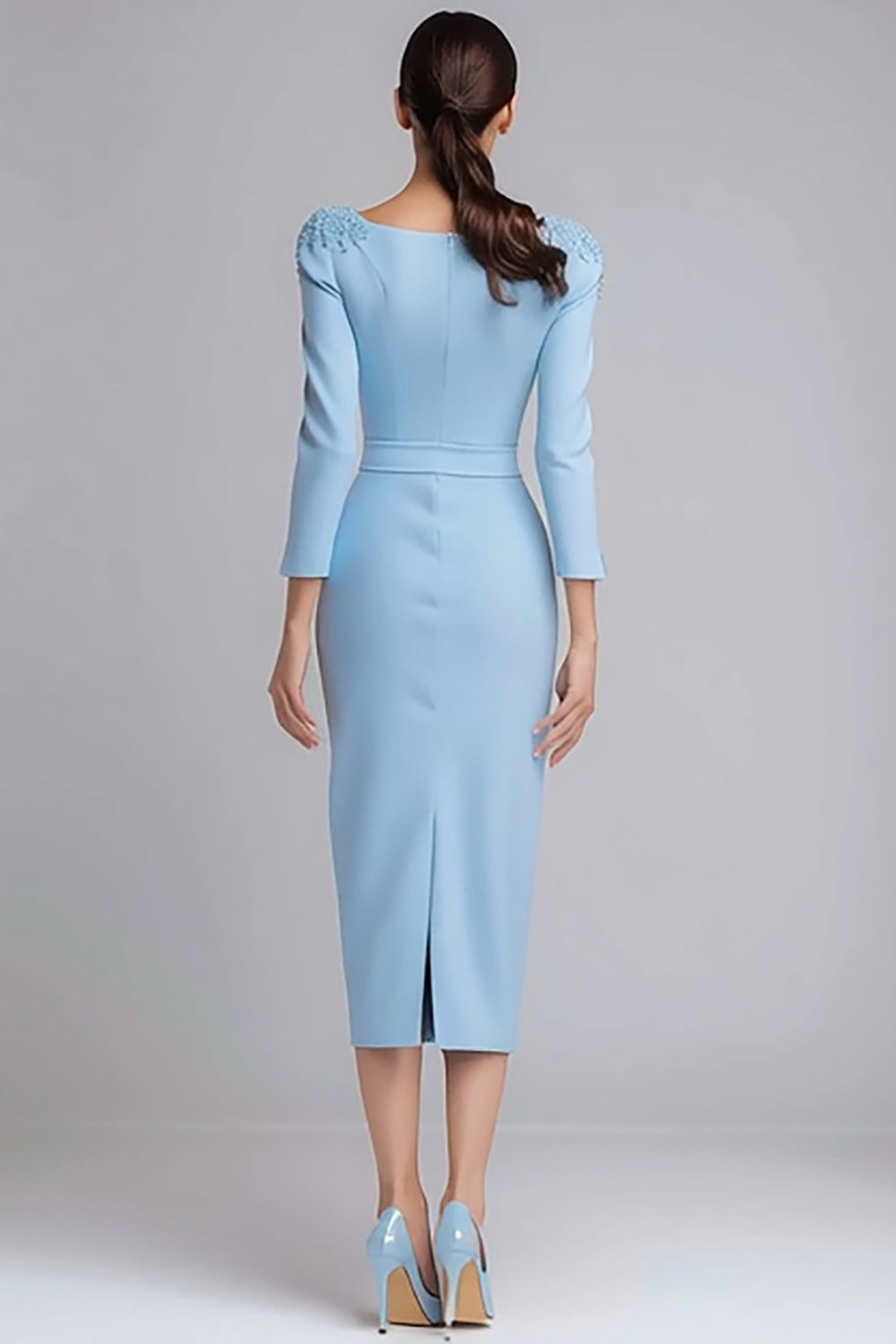 Simple Light Blue Boat Neck Pencil Appliqued Midi Work Dress with Sleeves