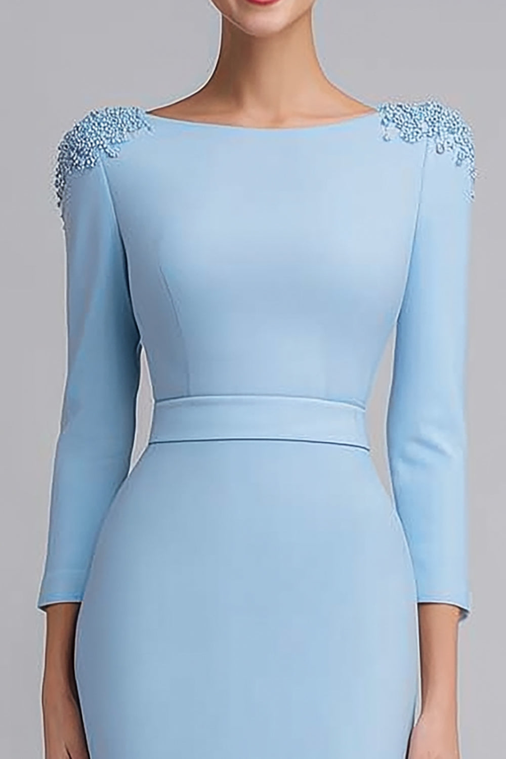 Simple Light Blue Boat Neck Pencil Appliqued Midi Work Dress with Sleeves