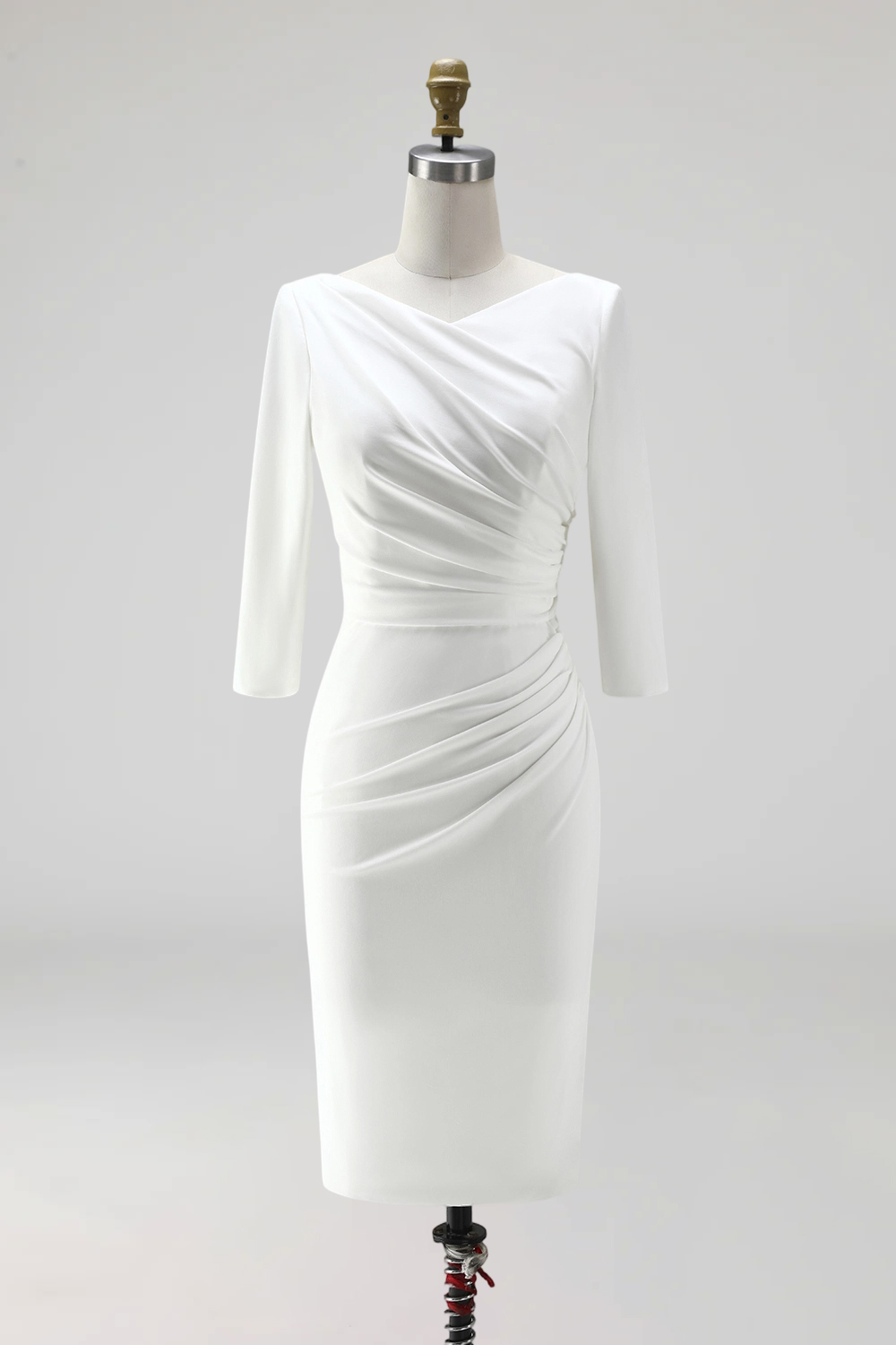 Simple Ivory Ruched Pencil Satin Half Sleeves Midi Work Dress with Slit