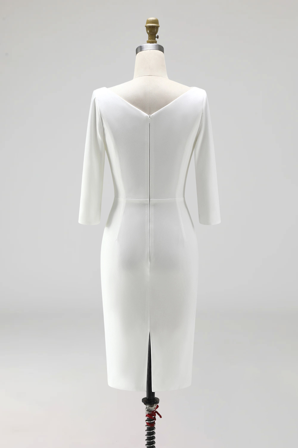 Simple Ivory Ruched Pencil Satin Half Sleeves Midi Work Dress with Slit