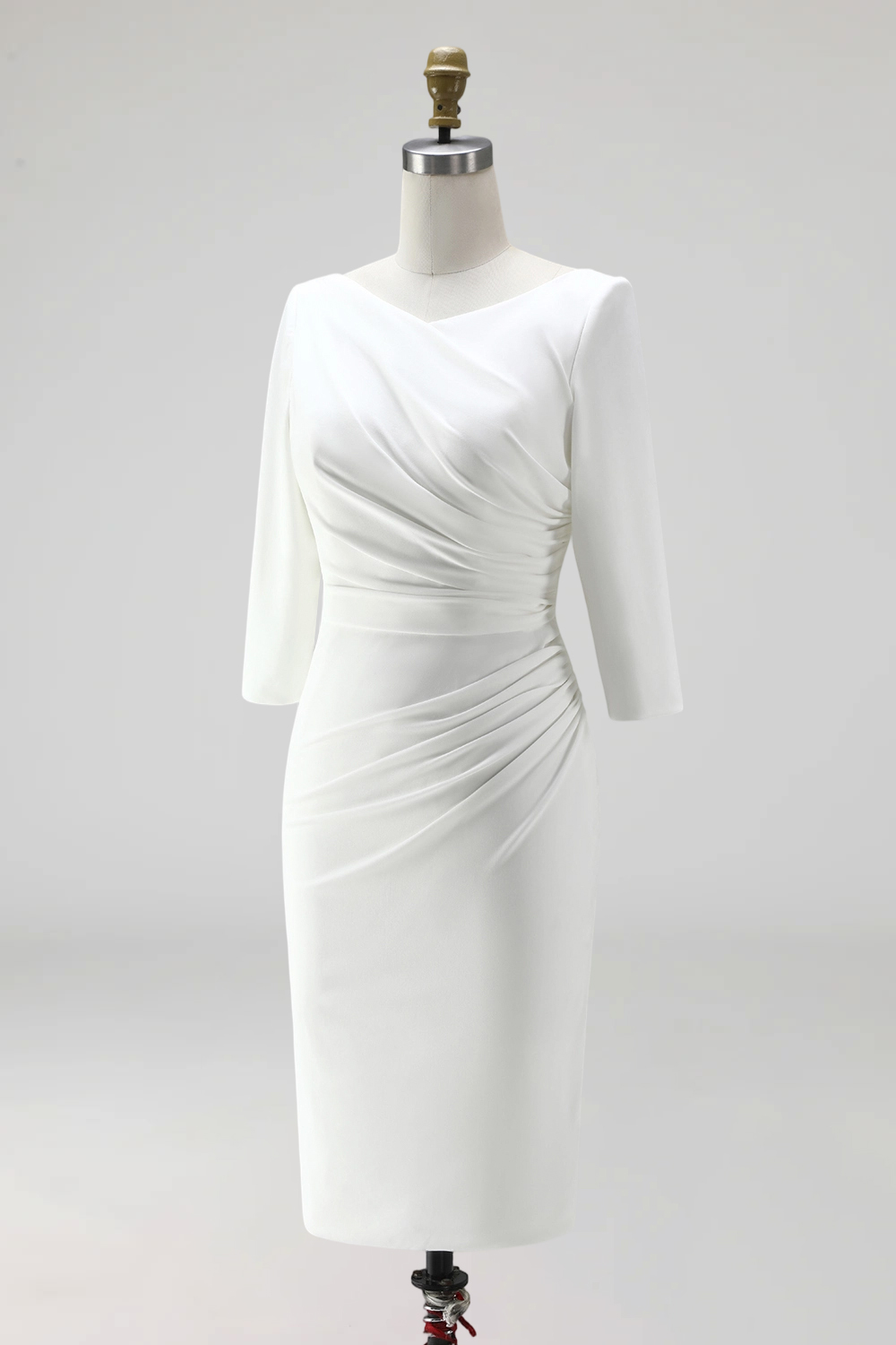 Simple Ivory Ruched Pencil Satin Half Sleeves Midi Work Dress with Slit