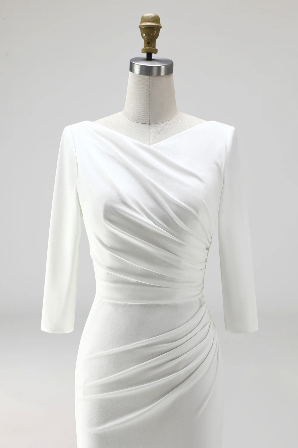 Simple Ivory Ruched Pencil Satin Half Sleeves Midi Work Dress with Slit