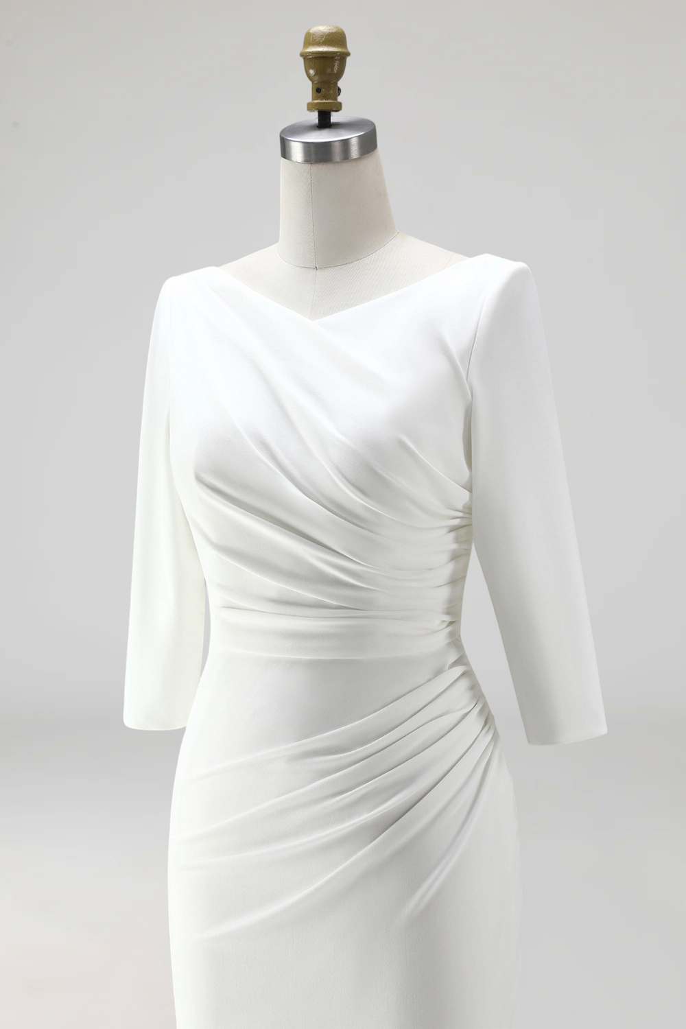 Simple Ivory Ruched Pencil Satin Half Sleeves Midi Work Dress with Slit