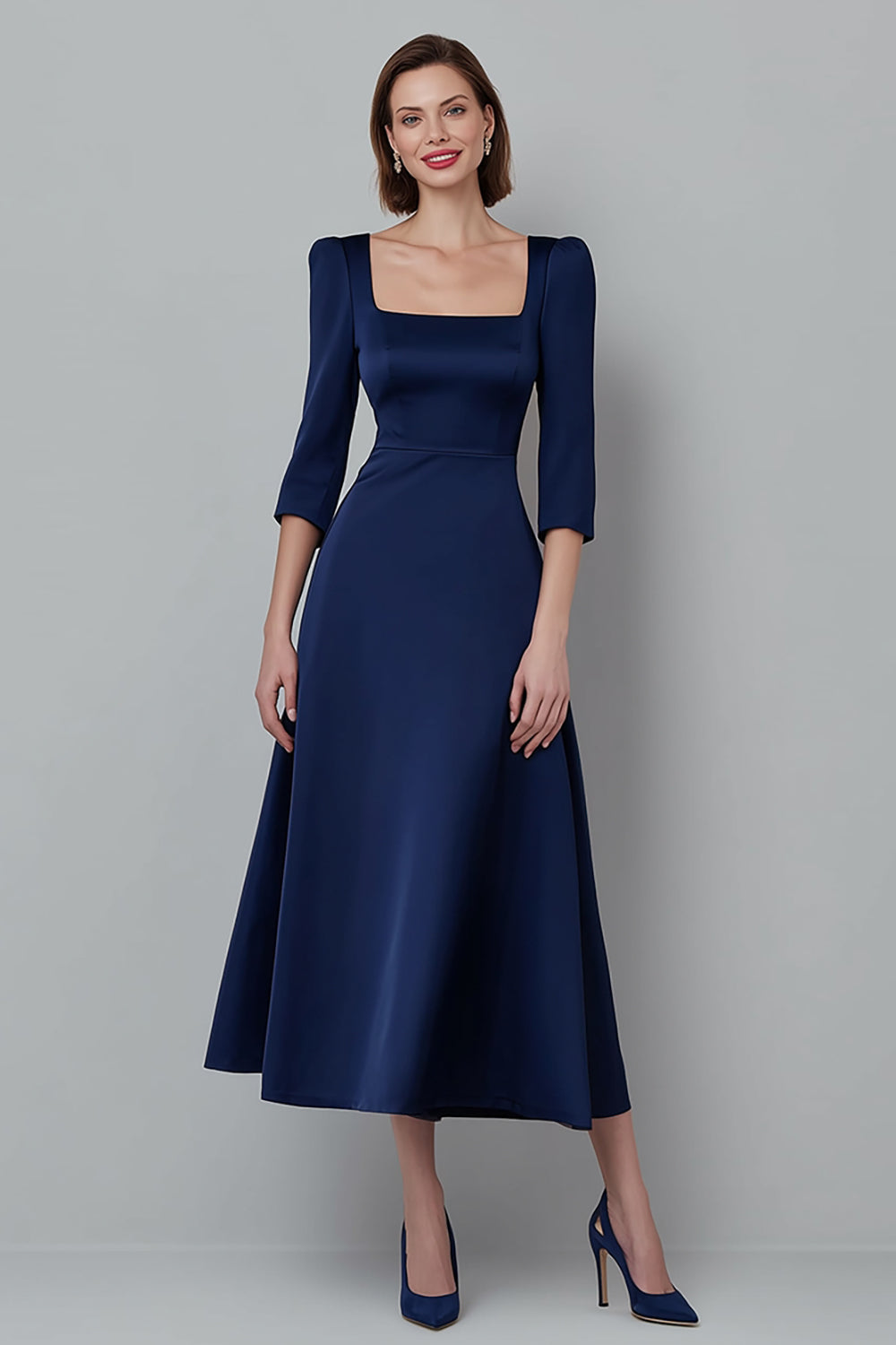 Navy A Line Satin Square Neck Long Sleeves Work Dress 