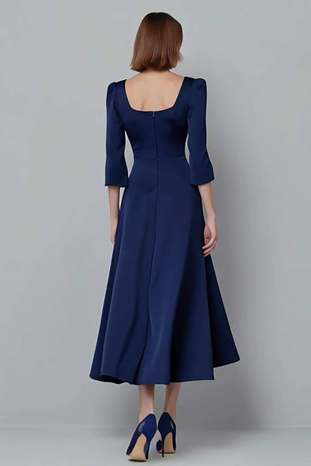Navy A Line Satin Square Neck Long Sleeves Work Dress 