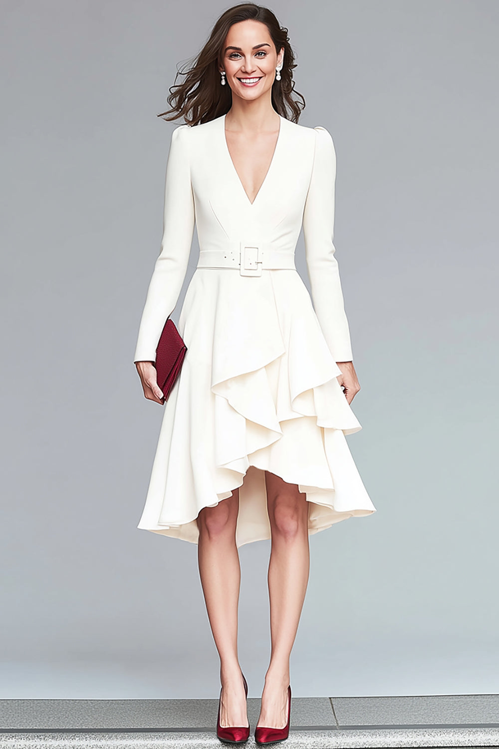 Ivory V-Neck Ruffled Crepe A Line High-Low Work Dress with Belts