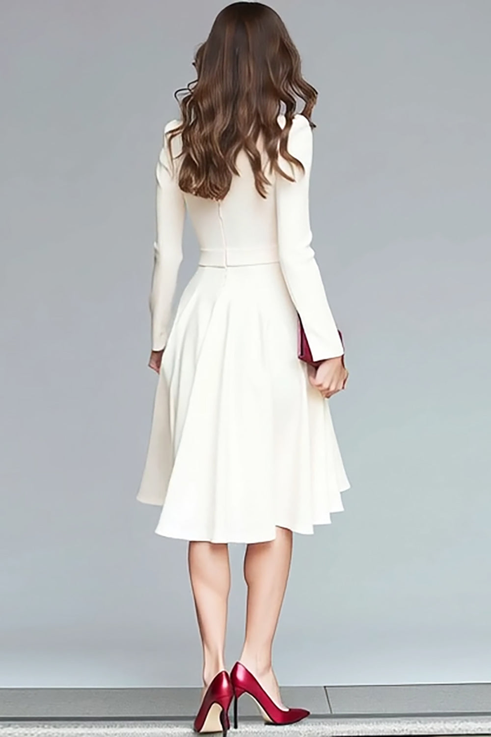 Ivory V-Neck Ruffled Crepe A Line High-Low Work Dress with Belts