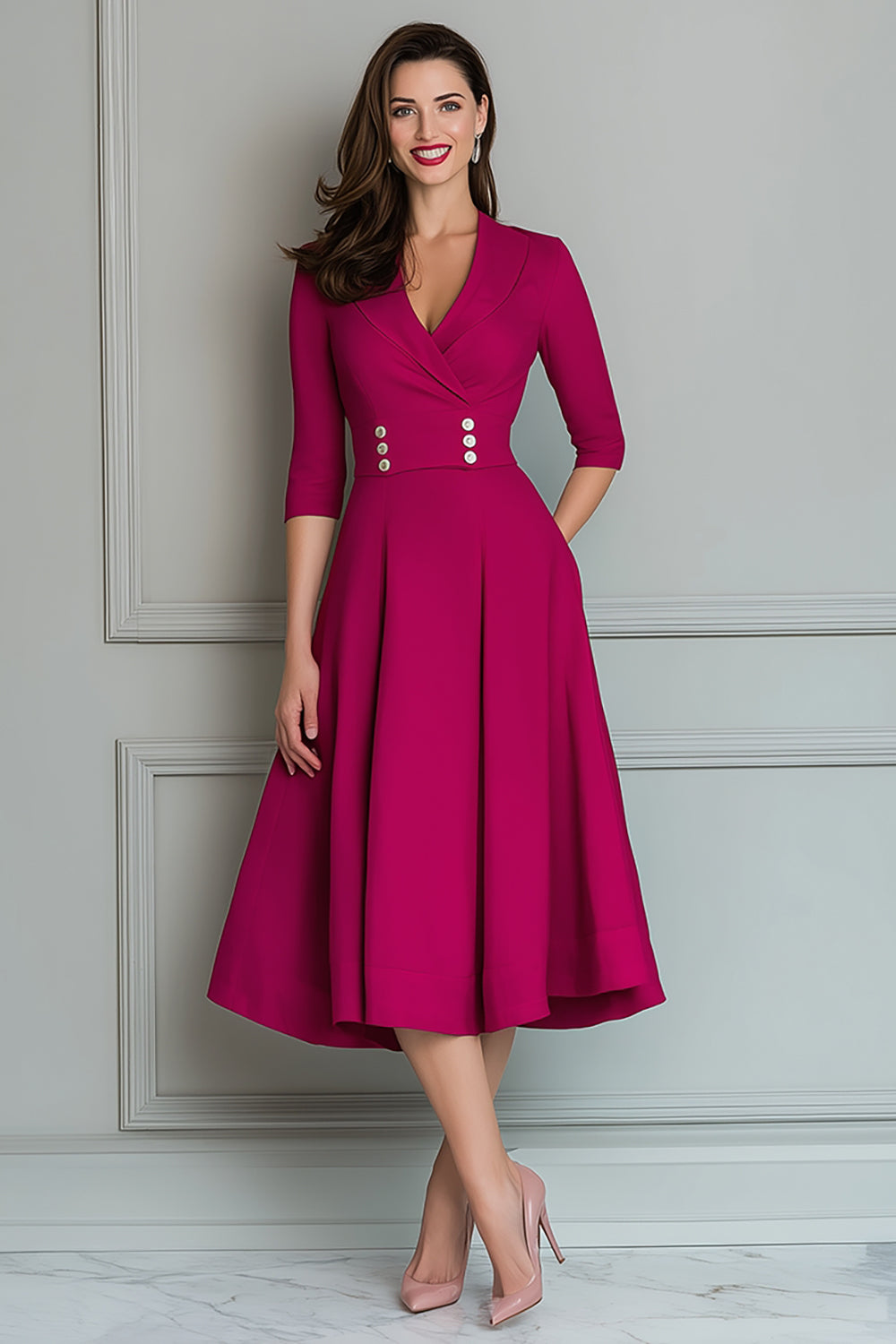 Fuchsia Satin A Line V-Neck Half Sleeves Midi Work Dress with Pockets
