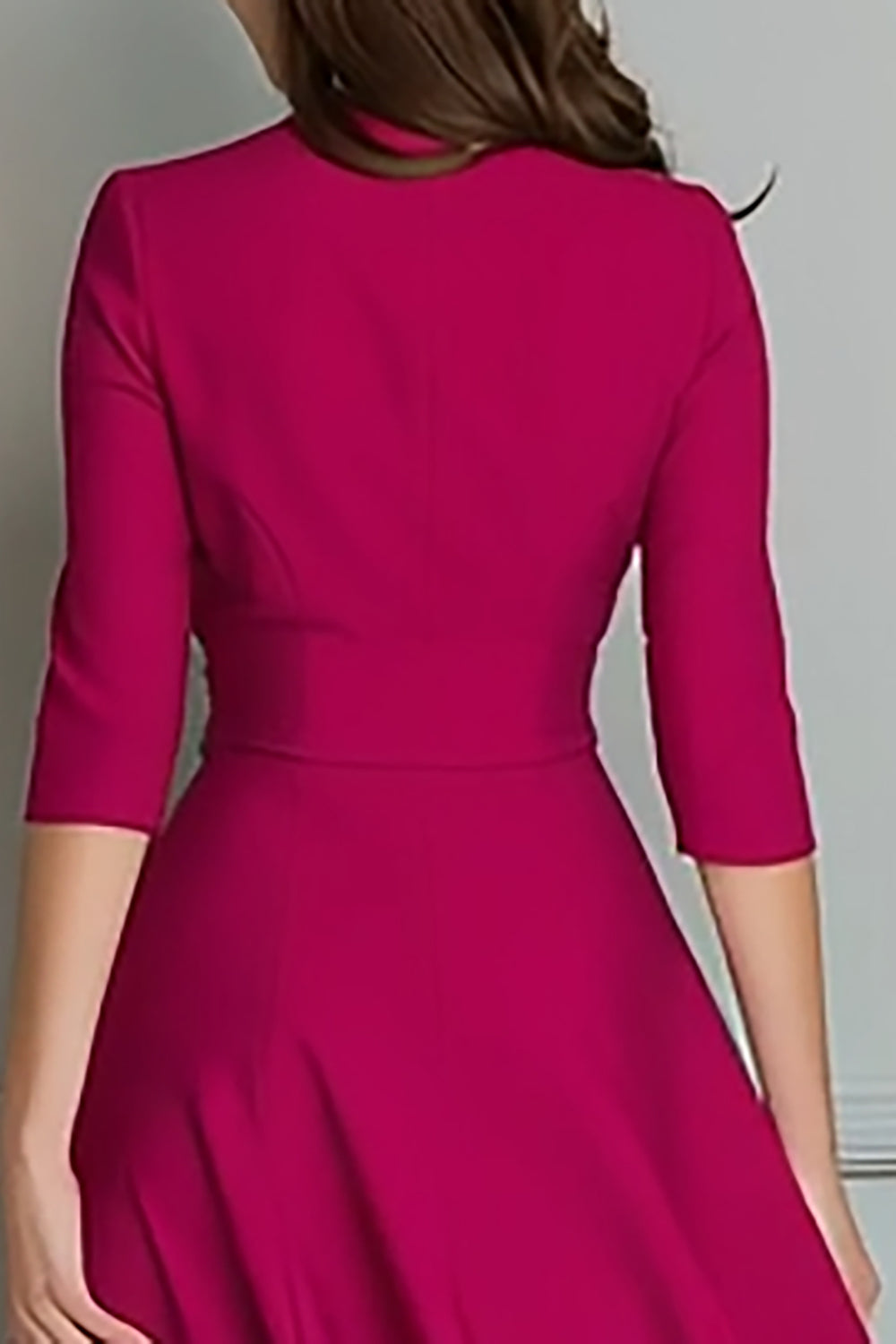 Fuchsia Satin A Line V-Neck Half Sleeves Midi Work Dress with Pockets