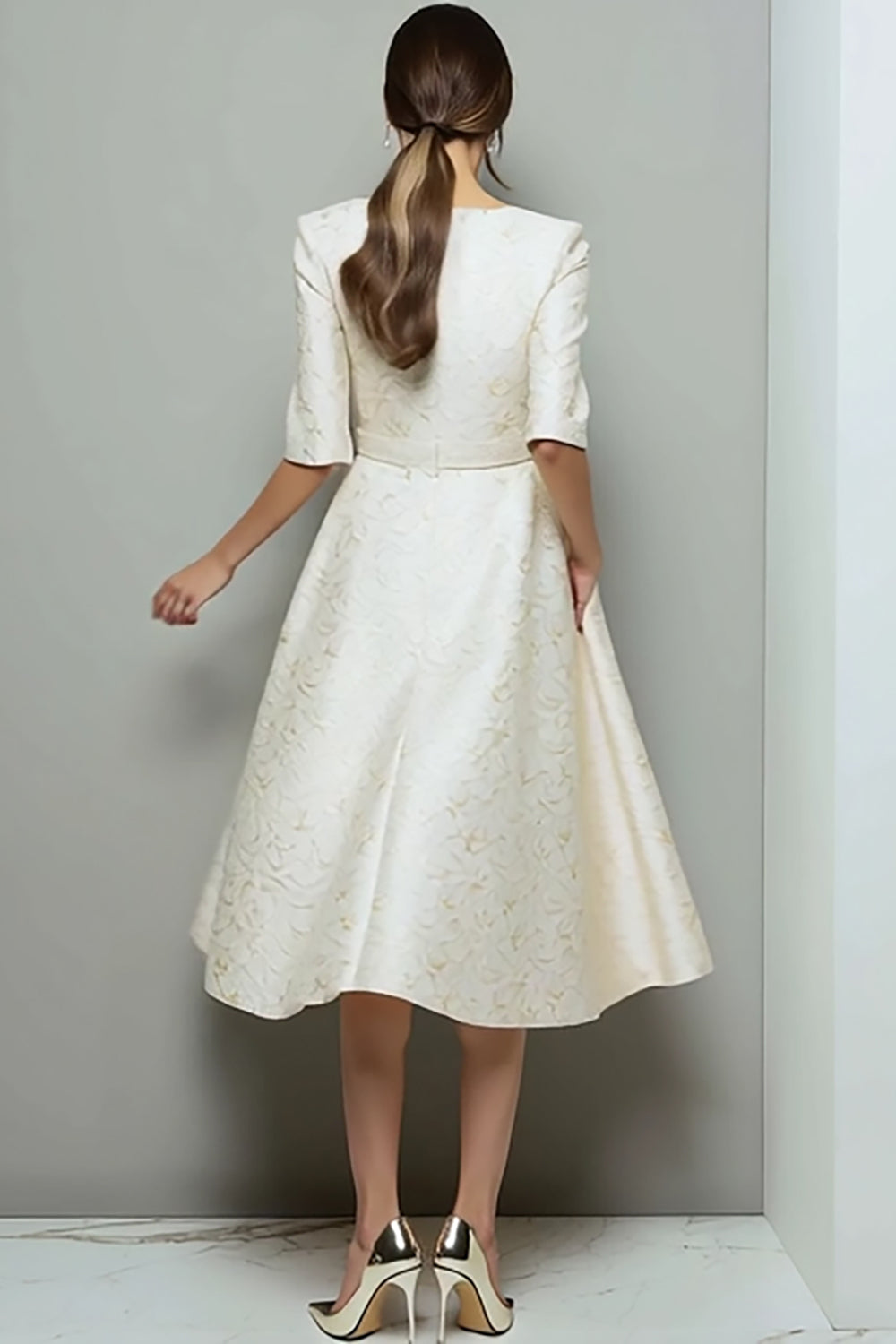 Ivory Jacquard Half Sleeves A Line Midi Work Dress with Pockets