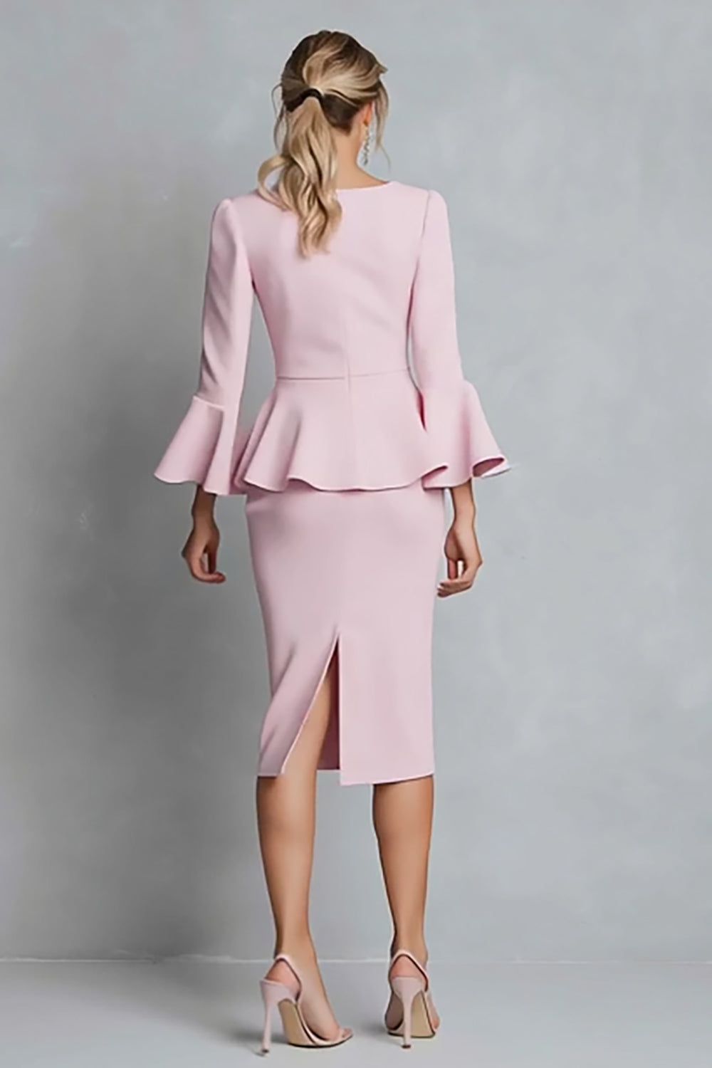 Pink Pencil Boat Neck Ruffled Crepe Midi Work Dress with Sleeves