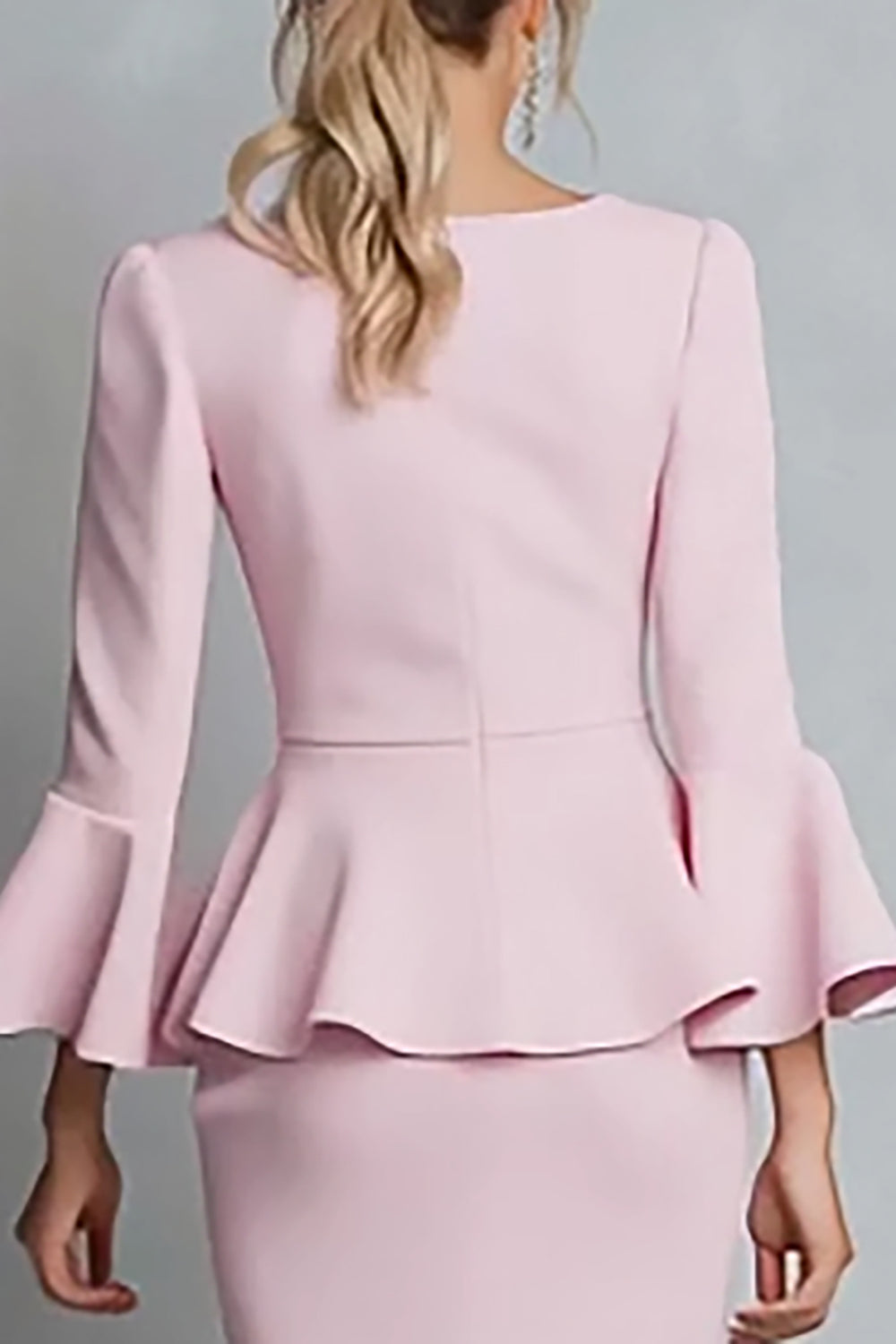 Pink Pencil Boat Neck Ruffled Crepe Midi Work Dress with Sleeves