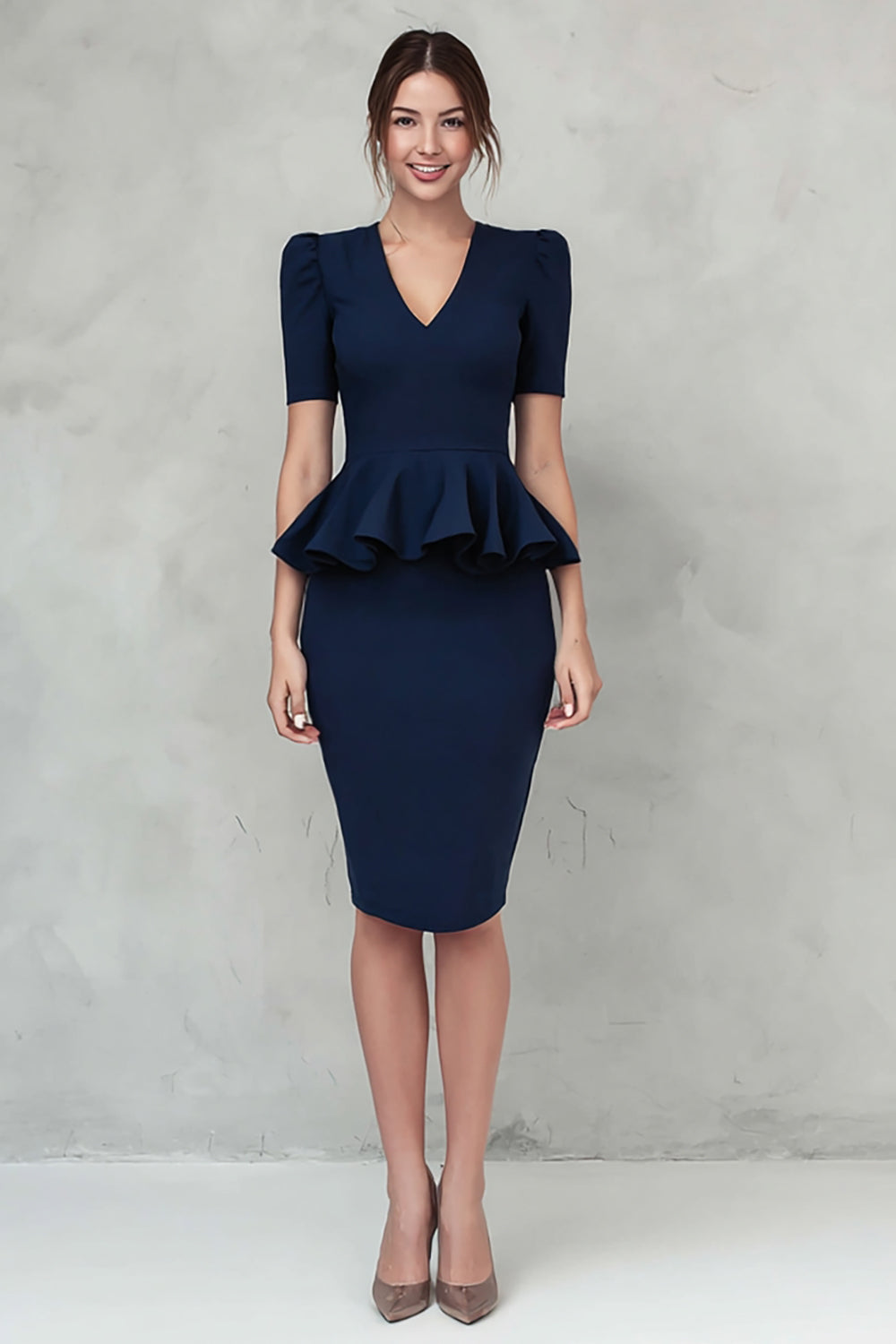Navy Crepe V-Neck Pencil Ruffled Short Sleeves Midi Work Dress