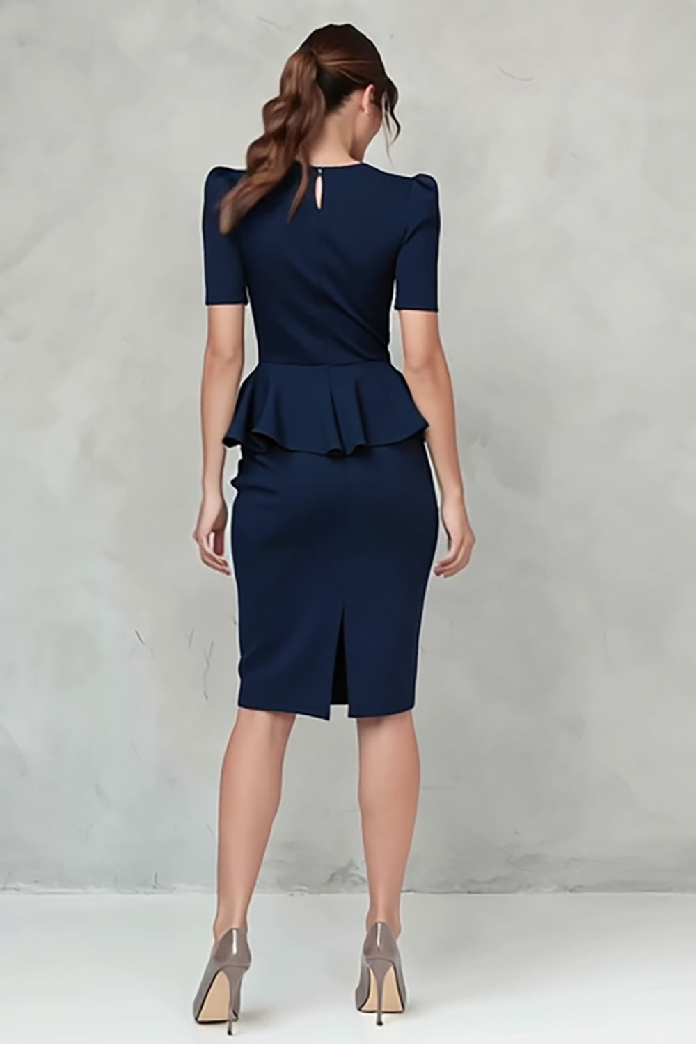 Navy Crepe V-Neck Pencil Ruffled Short Sleeves Midi Work Dress