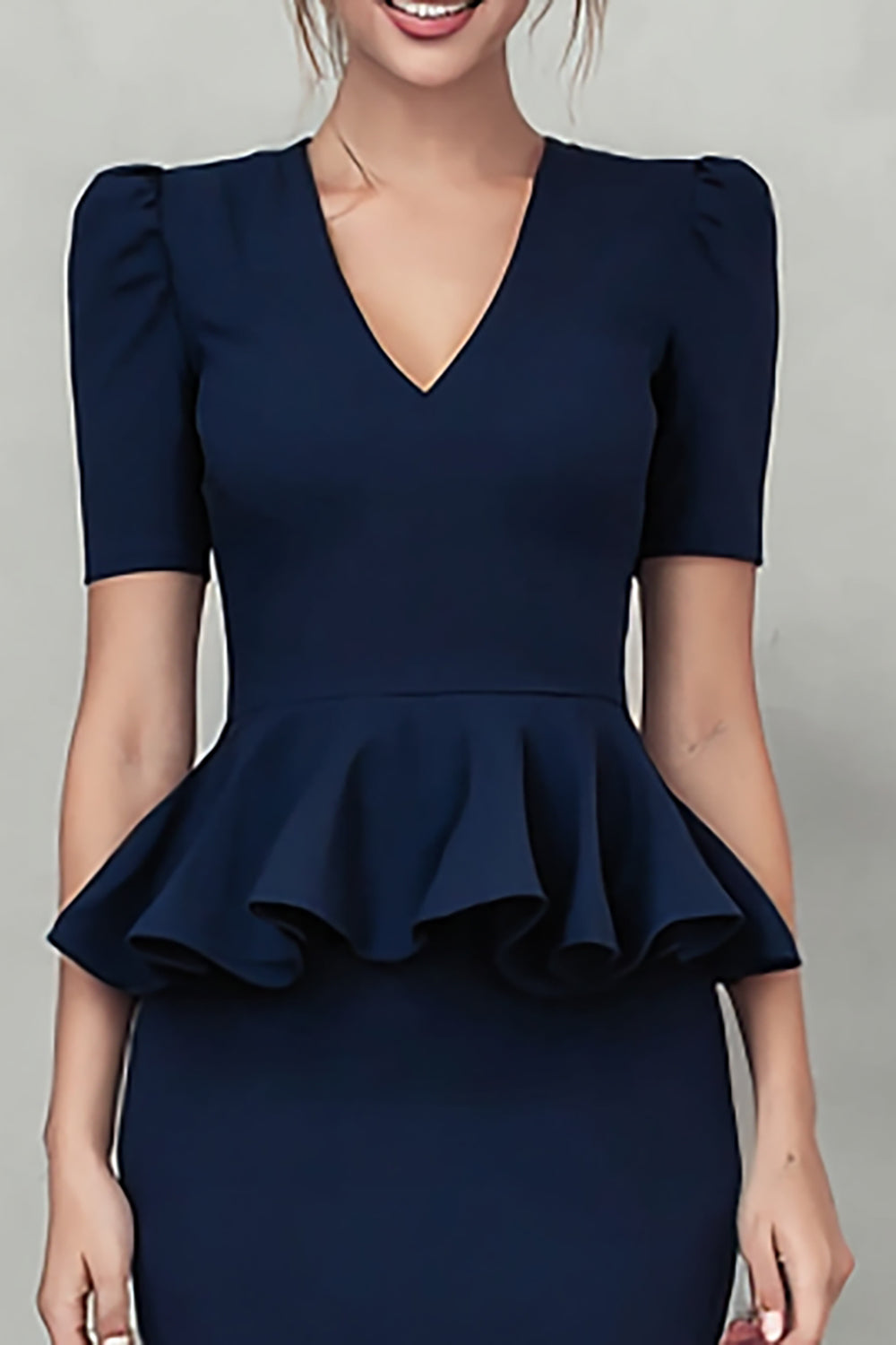 Navy Crepe V-Neck Pencil Ruffled Short Sleeves Midi Work Dress