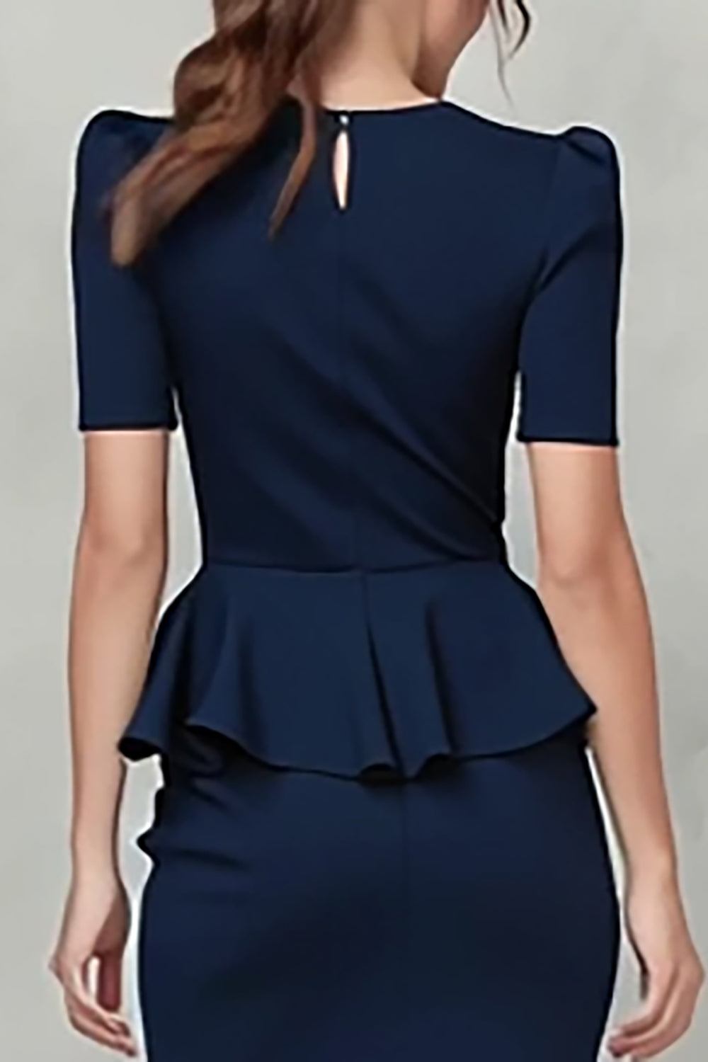 Navy Crepe V-Neck Pencil Ruffled Short Sleeves Midi Work Dress