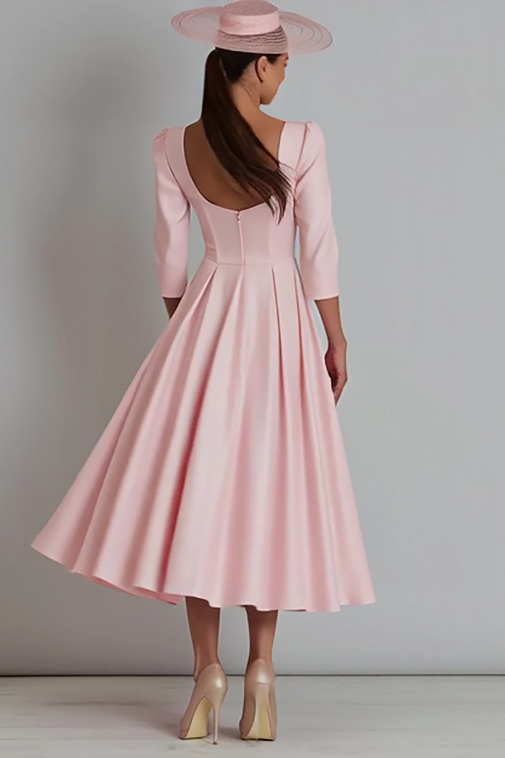 Pink A Line Square Neck Satin Long Sleeves Work Dress