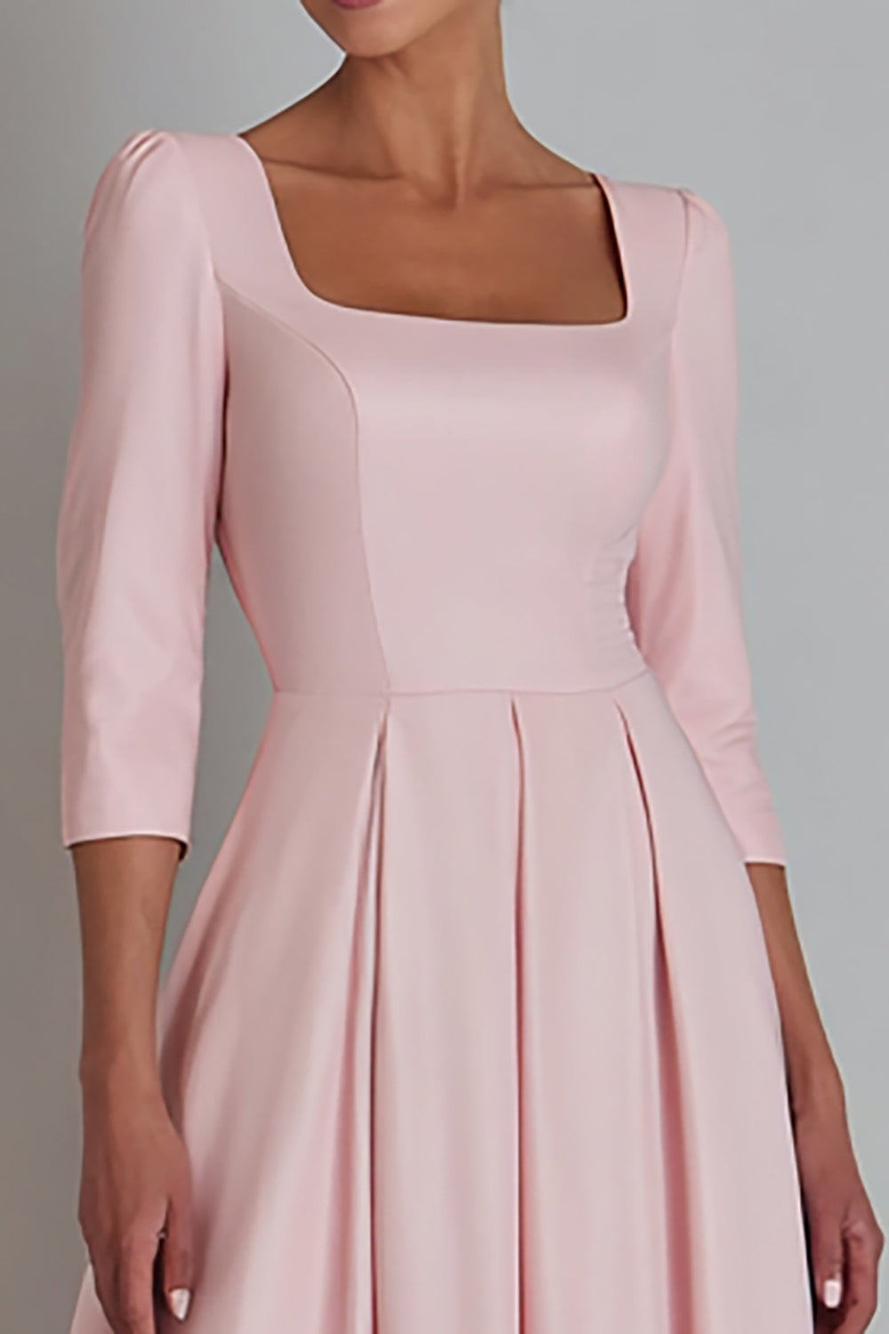 Pink A Line Square Neck Satin Long Sleeves Work Dress