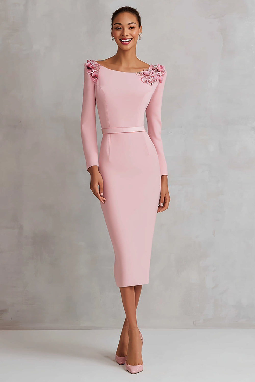 Floral Pink Crepe Pencil Boat Neck Midi Work Dress with Slit