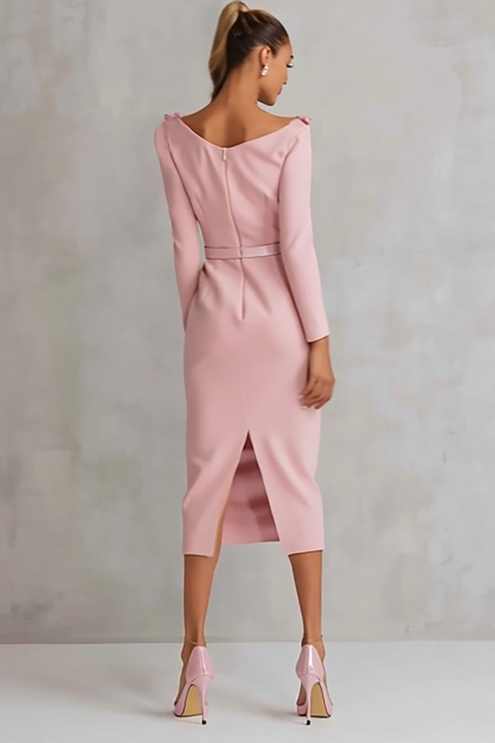 Floral Pink Crepe Pencil Boat Neck Midi Work Dress with Slit