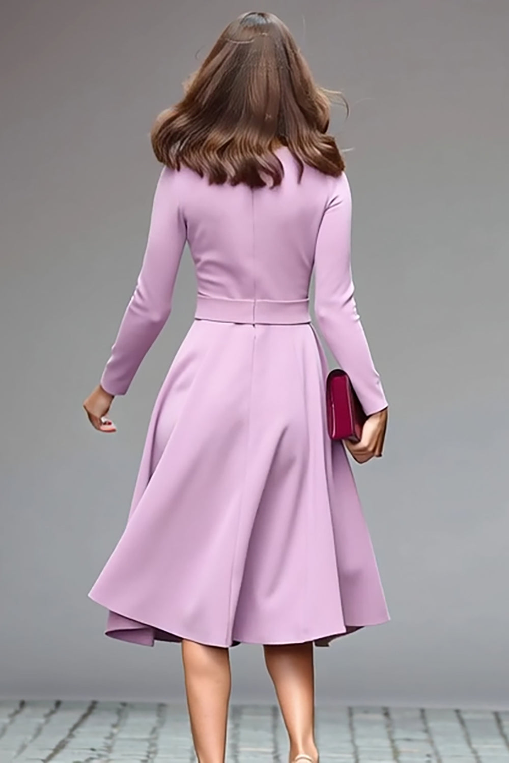 Simple Lilac Satin A Line Round Neck Midi Work Dress with Belts