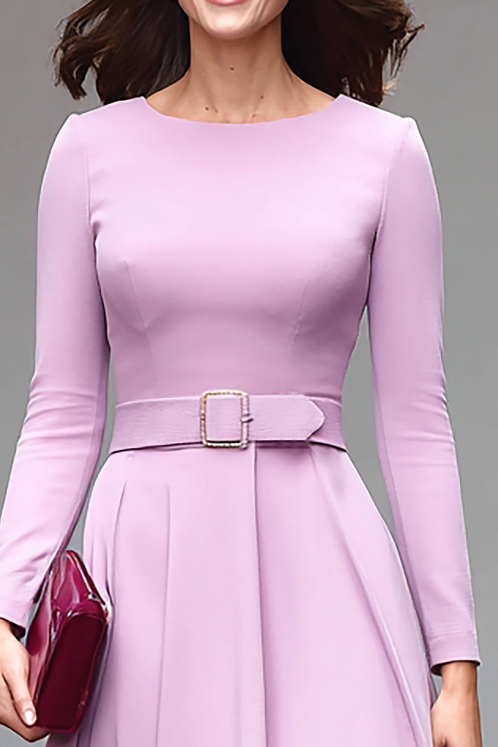 Simple Lilac Satin A Line Round Neck Midi Work Dress with Belts