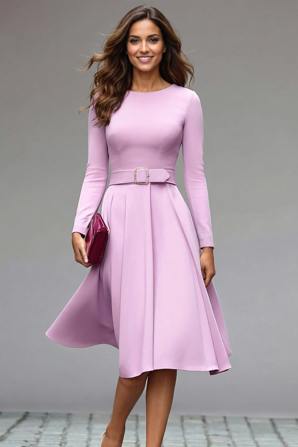 Simple Lilac Satin A Line Round Neck Midi Work Dress with Belts