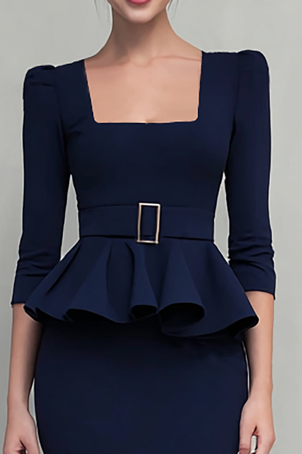 Navy Ruffled Square Neck Pencil Midi Work Dress with Belts