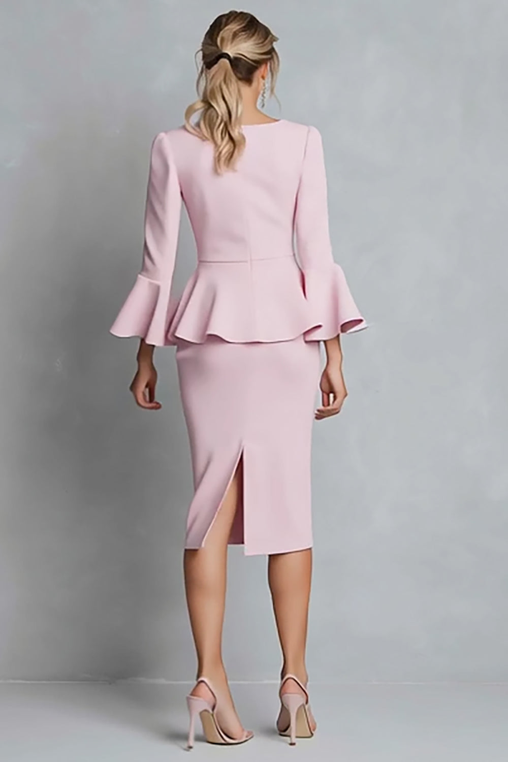 Pink Crepe Long Sleeves Pencil V-Neck Midi Work Dress with Ruffles