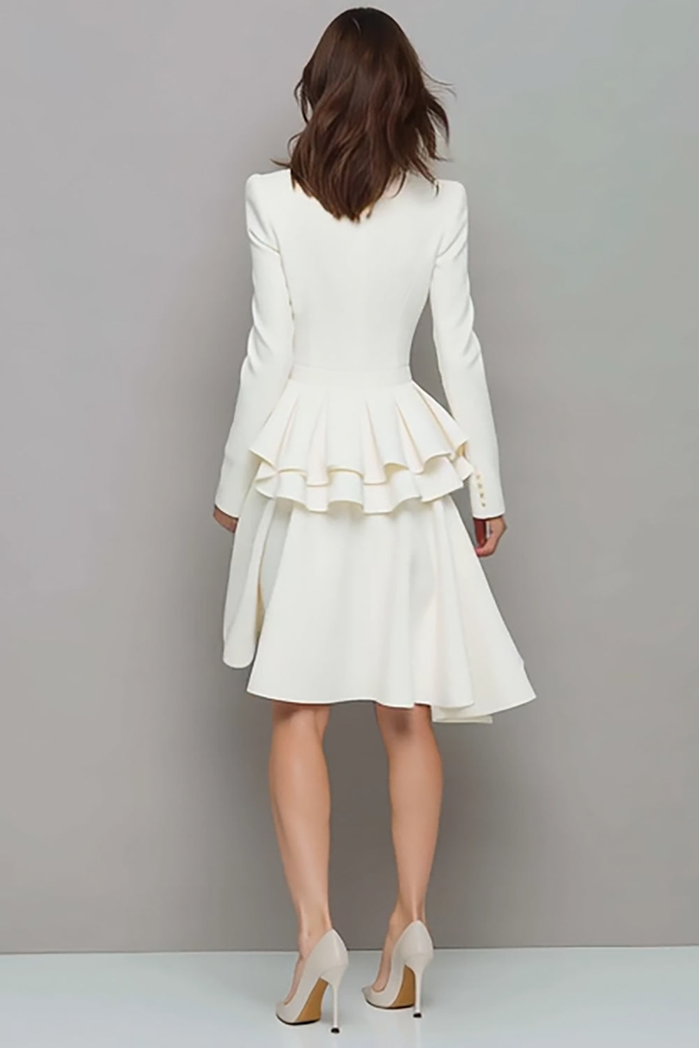 Ivory Ruffled Satin A Line V-Neck Short Work Dress with Sleeves