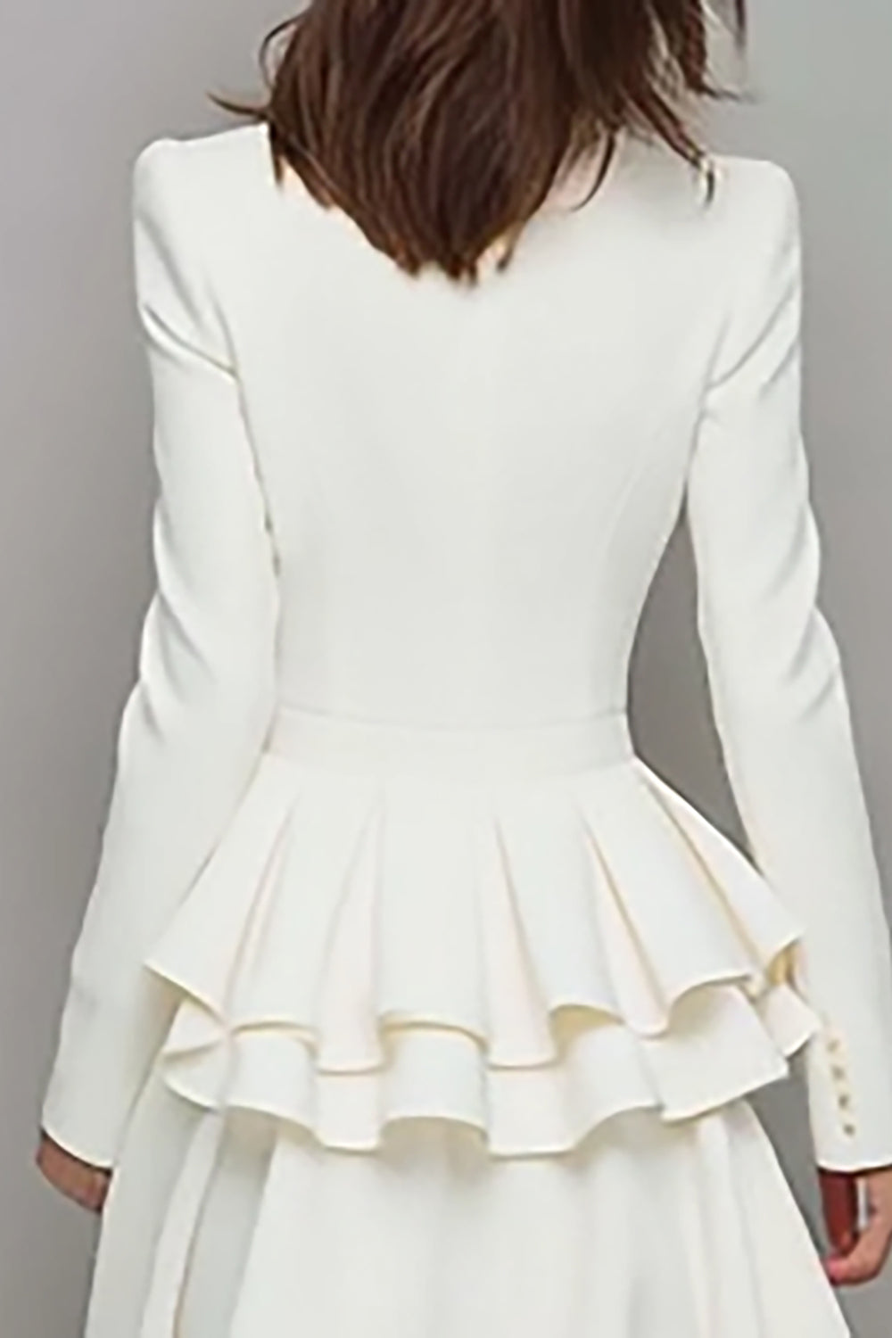 Ivory Ruffled Satin A Line V-Neck Short Work Dress with Sleeves