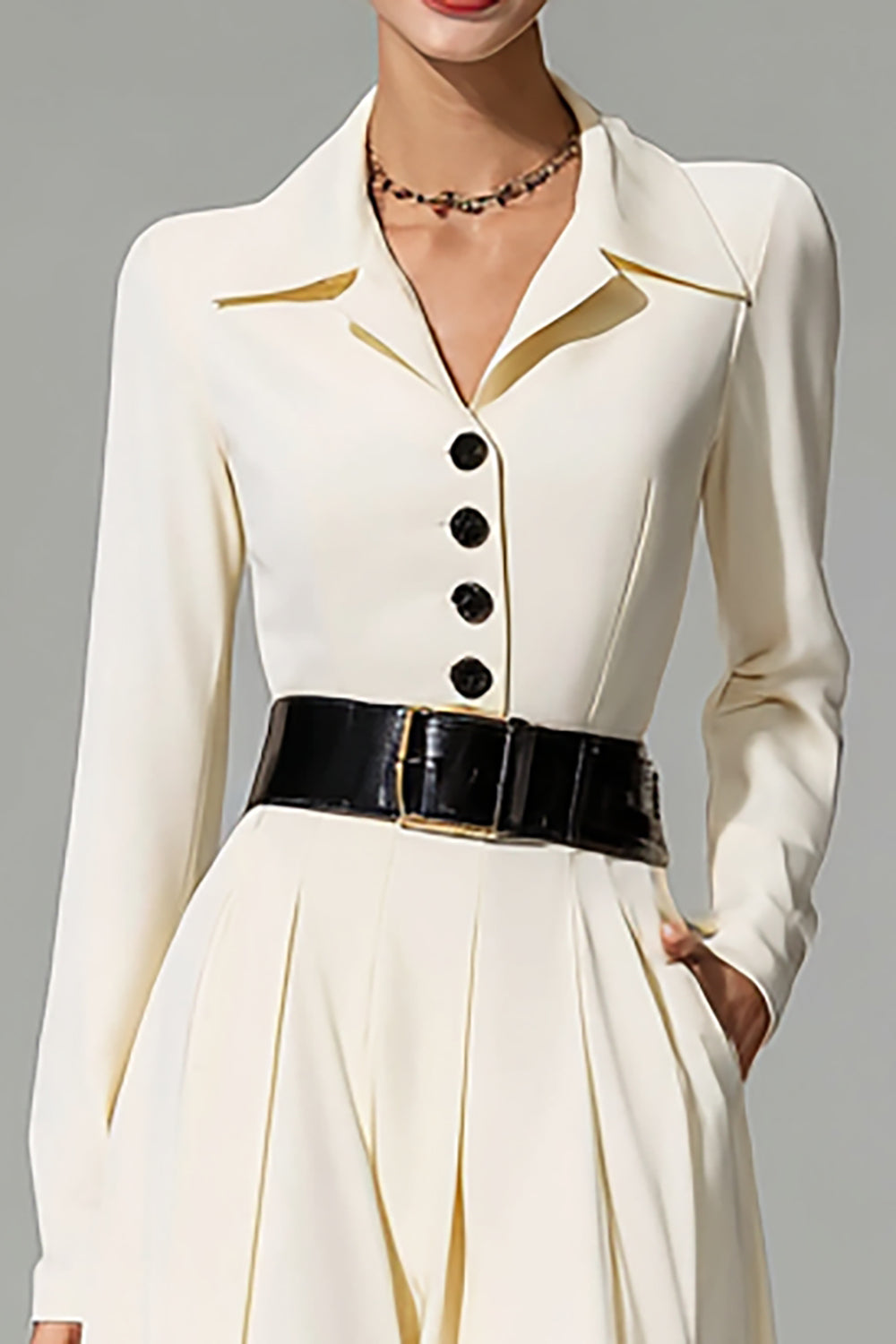 Ivory Single Breasted A Line Collar Neck Midi Work Dress with Pockets