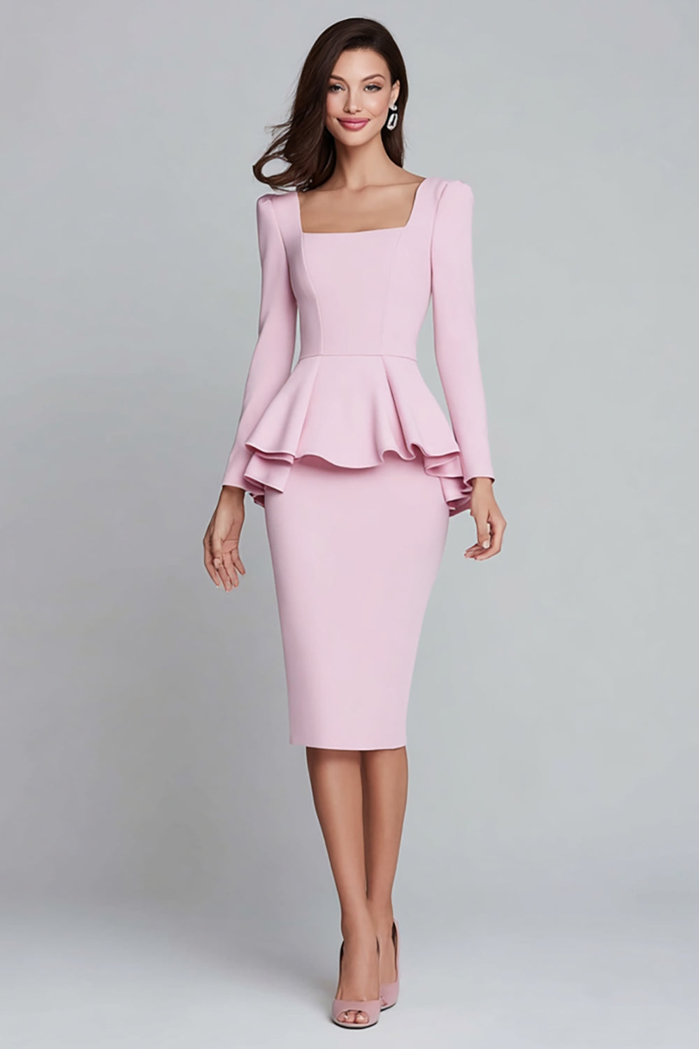 Pink Satin Square Neck Pencil Ruffled Midi Work Dress with Sleeves