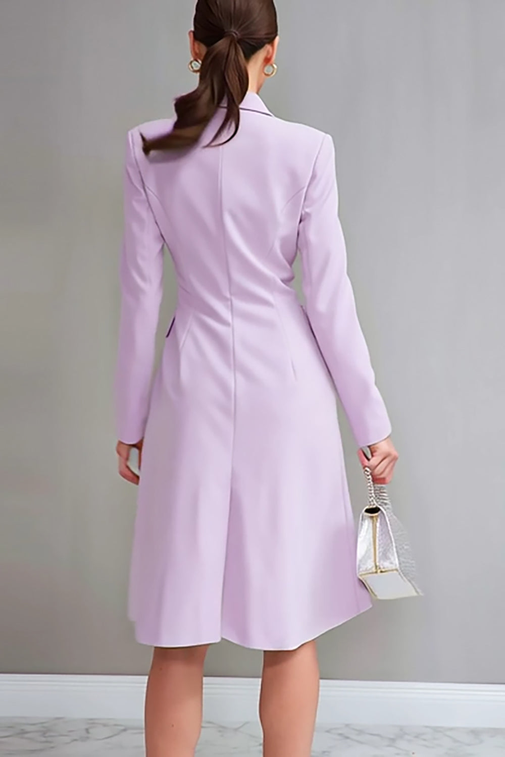 Lilac Double Breasted Notched Lapel Satin Midi Work Blazer Dress with Sleeves