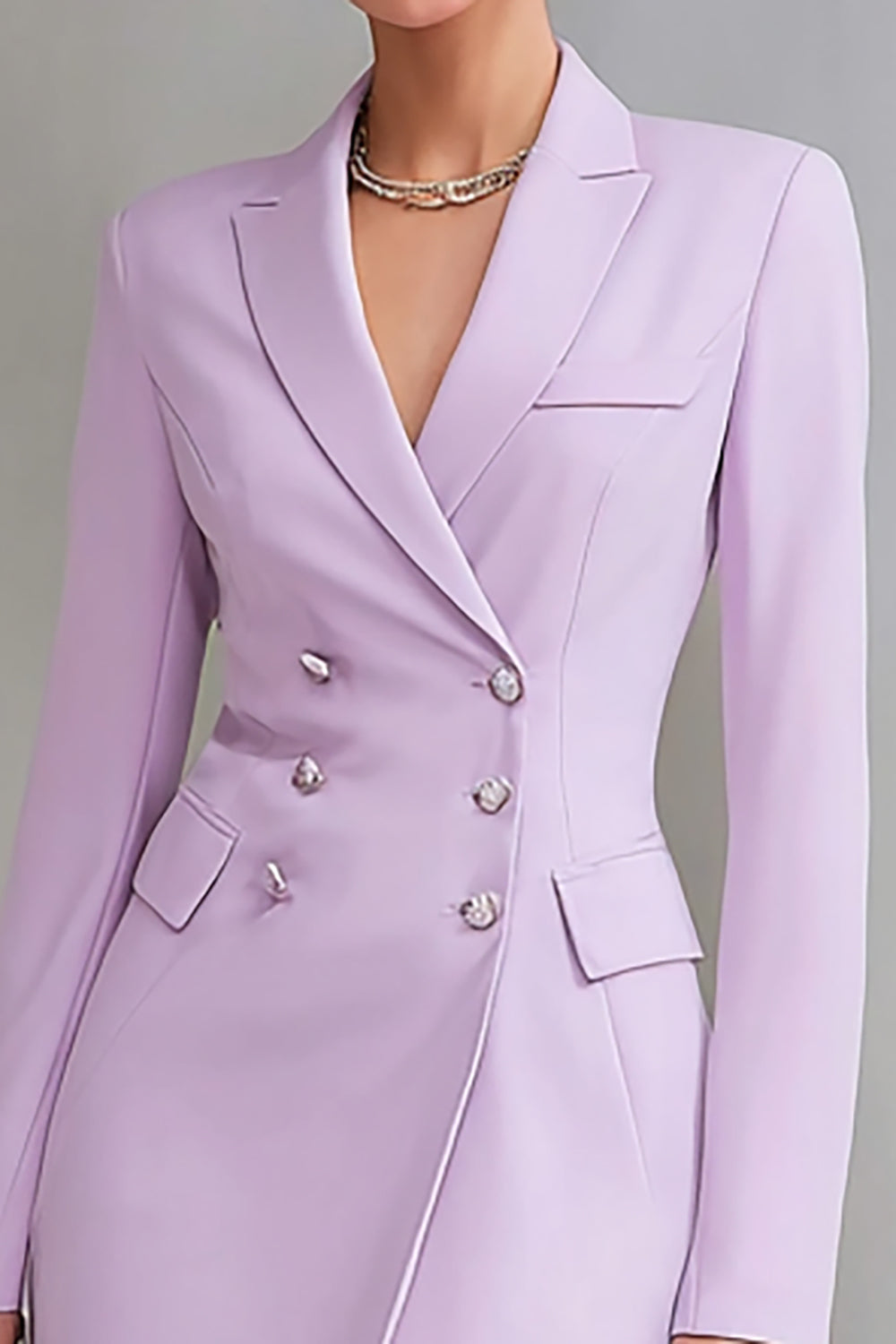Lilac Double Breasted Notched Lapel Satin Midi Work Blazer Dress with Sleeves
